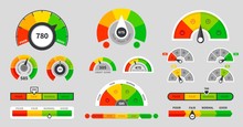 Credit Score Indicators. Level Indicator Credit Limit. Speedometer Goods Gauge Rating Meter. Vector Illustration Set Icon High Level Quality With Arrow And Scale Measurement