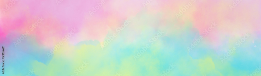 Colorful watercolor background of abstract sunset sky with puffy clouds in bright rainbow colors of pink green blue yellow and purple - obrazy, fototapety, plakaty 