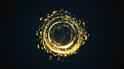 Poster - Computer generated abstract background. A chaotic stream of golden round particles and light creates a funnel or spiral. 3D rendering