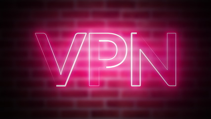 Poster - 3D rendering of shine text VPN against the background of brick, computer generated wireframe symbol with glowing laser light