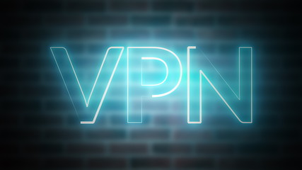 Poster - 3D rendering of shine text VPN against the background of brick, computer generated wireframe symbol with glowing laser light