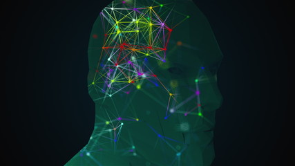 Poster - Overlay a background of grid with multi-colored thin lines connected by dots on the shape of the head. Rotating translucent composition, computer generated, 3D rendering isometric background