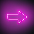 Neon arrow. Neon glowing purple arrow pointer on black background. Colorful and shining retro light sign. Vector illustration.