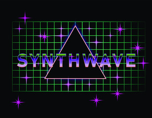 Poster - Retrofuturistic landscape with laser grid and glowing triangle. Vaporwave and retrowave style background.