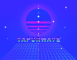Aufkleber - Retrofuturistic landscape with laser grid and neon sun. Vaporwave and retrowave style background.