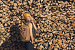 © Marina Varnava - tourist girl posing with backpack on background of stack of firewood.
