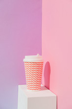Summer Party Composition On A Geometric Background With Paper Cup Of Coffee. Good Morning Concept