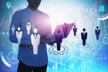 Poster - Businessman with laptop, social network interface