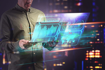 Poster - Engineer with laptop in city infographic interface