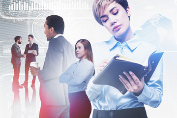 Poster - Business team in city, infographics interface