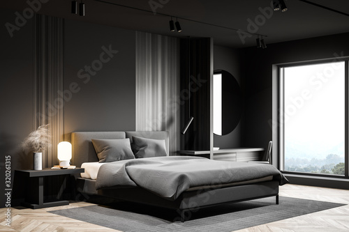 Gray Bedroom Corner With Round Mirror Stock Photo Adobe Stock