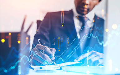 Poster - african businessman in office, financial graph