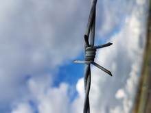Close-Up Of Barbed Wire Against Cloudy Sky