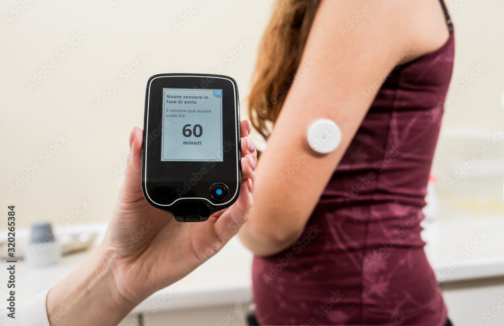 Medical device for glucose check. Continuous glucose monitoring pod ...