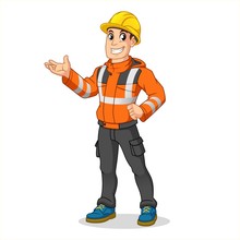 Male Industrial Worker With Safety Jacket And Hard Hat Present Something, People At Work, Cartoon Vector Illustration Mascot, In Isolated White Background.