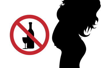 Canvas Print - Vector silhouette of pregnant woman with no drink alcohol sign on white background. Symbol of maternity and healthy care.