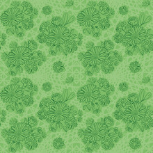 Light Green Background With Green Flowers - Vector Seamless Pattern