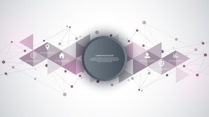 Information technology with infographic elements and flat icons. Abstract background with connecting dots and lines. Global network connection, digital technology and communication concept.
