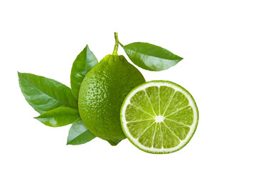 Wall Mural - Isolated lime green. Whole lime fruit and slice circle with fresh leaves isolated on white background, close up