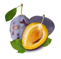 Wall Mural - Isolated plum. Whole plum set and half with green leaves on white background as detail for packaging design