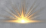 Fototapeta Zachód słońca - Sunrise. Sunlight special lens flash light effect on transparent background. Effect of blurring light. Vector Illustration