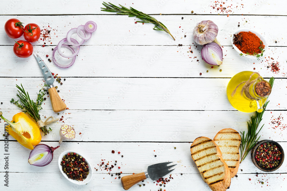 Cooking banner. Background with spices and vegetables. Top view. Free ...