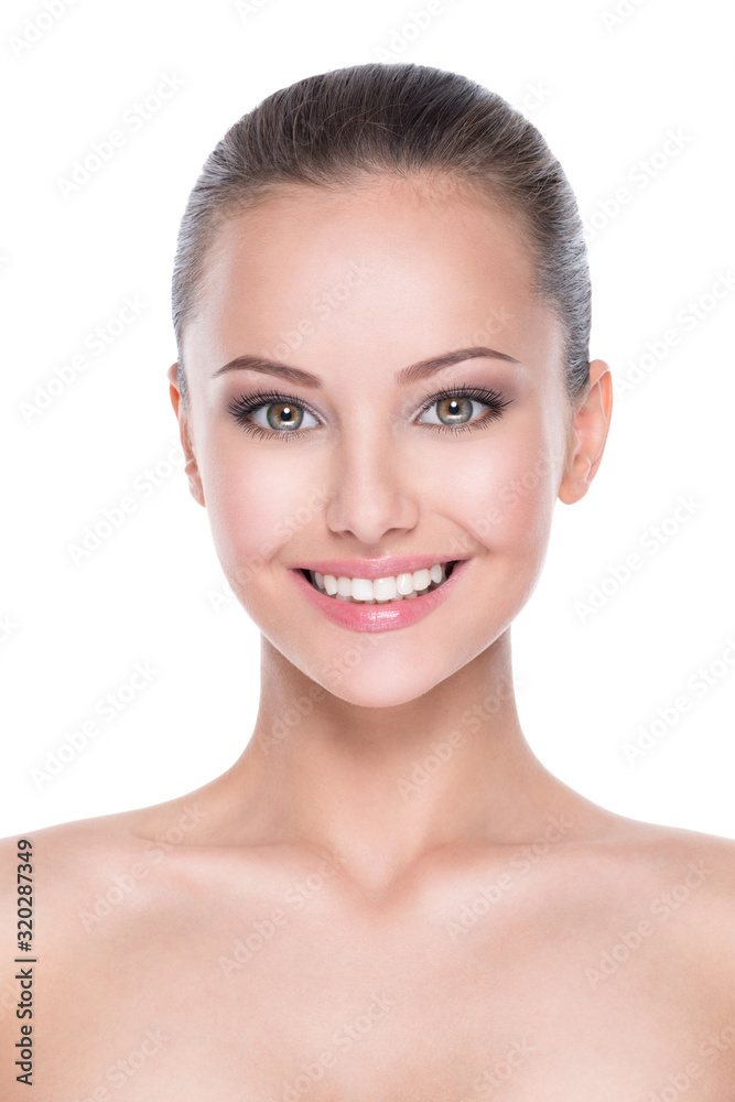 Beautiful face of smiling  woman with clean fresh skin - obrazy, fototapety, plakaty 