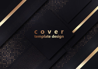 Poster - Black geometric shapes on a background of halftones from squares. Inclined stripes and small particles of gold color. Universal template for cover design, business card, flyer.