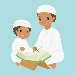 Wall Mural - Muslim African American boy learning to read quran. a man teaching a young boy to read quran, cartoon vector.