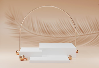 White pedestal with palm tree leaf shadow over beige pastel natural background. Square Podium display with metal gold frame ring. Trendy subtle Abstract summer product promotion. Copy space 3d render.