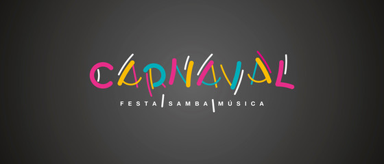 Carnival handwritten typography colorful logo party samba music Portuguese language black background