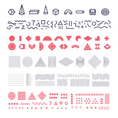Aufkleber - Geometric memphis elements set, group of geometrical shapes, lines and linear patterns for modern background of banner and poster, brochure and clothes print. Vector illustration.