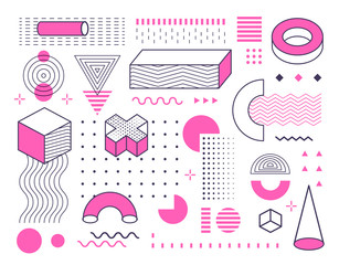 Aufkleber - Abstract geometric shapes and forms set with color. Memphis style design elements collection for poster, brochure, layout, template or presentation. Vector illustration on white background.