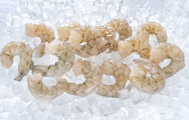 Top view of raw shrimp on ice cubes background