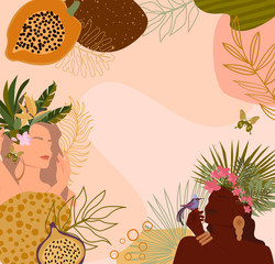 Wall Mural - Abstract background with paradise women portrait and tropical plant, abstract shapes, minimalistic style. Editable Vector illustration.