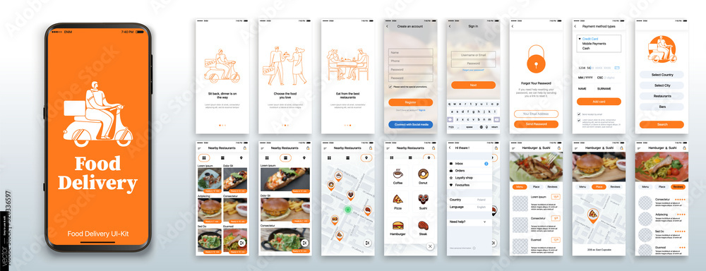 Mobile app design, UI, UX, GUI Mockups Set. Enter login and password and a screen with a choice of restaurants and cafes. City map navigation and customer reviews - obrazy, fototapety, plakaty 