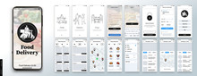 Mobile App Design, UI, UX, GUI Mockups Set. Enter Login And Password And A Screen With A Choice Of Restaurants And Cafes. City Map Navigation And Customer Reviews