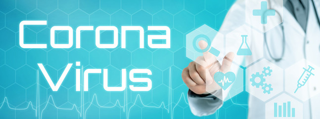 Wall Mural - Doctor touching an icon on a futuristic interface - Corona Virus