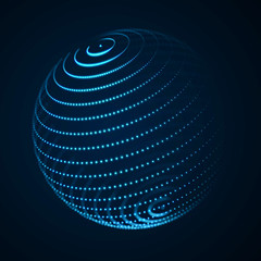 3d abstract sphere. Sphere particles on dark background. Science and technology. 3d rendering.