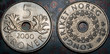 Norweska metalowa moneta o nominale pięciu koron norweskich