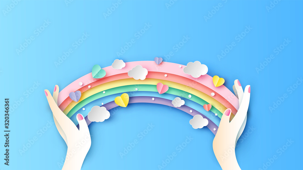 Rainbow in girl's hand is decorate with colorful hearts and clouds ...