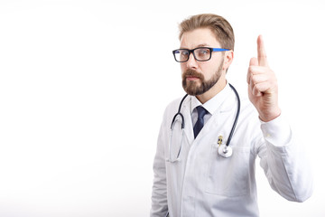 Smart bearded brown-haired doctor raising index finger as he has a brilliant idea isolated white background copyspace