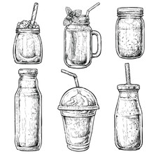 Hand Drawn Bottles And Containers For Smoothies. Fresh Beverage For Healthy Life, Diets. Vector Illustration For Greeting Cards, Magazine, Cafe And Restaurant Menu