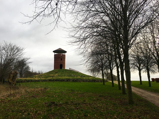 Brick lookout Tower. Round Tower observatory ,Rundetaarn, shot from below. Located in central Copenhagen, Denmark. Today it is a tourist attraction