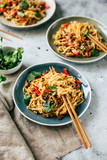 Fototapeta  - Asian food, udon noodles with vegetables, healthy vegetarian menu