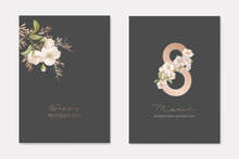 Romantic Trendy Greeting Cards Set For Happy Woman's Day 8 March Holiday. White Cherry Sakura Flowers With Leaves On Dark Background With Eight Number Nature Art Flyer Cartoon Flat Vector Illustration