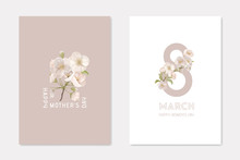 Happy Mothers Day And 8 March Stylish Cards Template Set. Decorative Composition With Cherry Flowers On White And Beige Background Holiday Poster Banner Flyer Brochure Cartoon Flat Vector Illustration