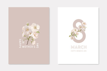 Happy Mothers Day and 8 March Stylish Cards Template Set. Decorative Composition with Cherry Flowers on White and Beige Background Holiday Poster Banner Flyer Brochure Cartoon Flat Vector Illustration