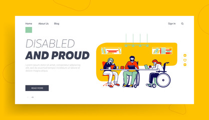 Wall Mural - Disability, Disabled Persons Employment Website Landing Page. Handicapped Employees and Healthy Office Worker Sitting Together at Workplace Web Page Banner. Cartoon Flat Vector Illustration, Line Art