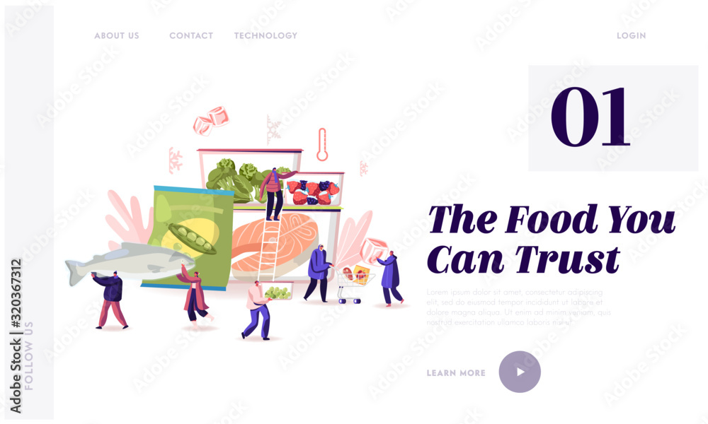 Frozen Food Website Landing Page. Characters Buying and Cooking Natural Iced Products Fresh Vegetable, Fruit Meat and Fish. Healthy Eating Conservation Web Page Banner Cartoon Flat Vector Illustration - obrazy, fototapety, plakaty 